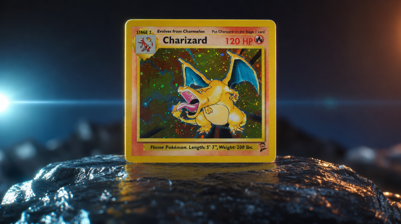 Holographic Charizard Pokemon card after Apex surface prep — rainbow iridescence blazing under teal LED studio lighting